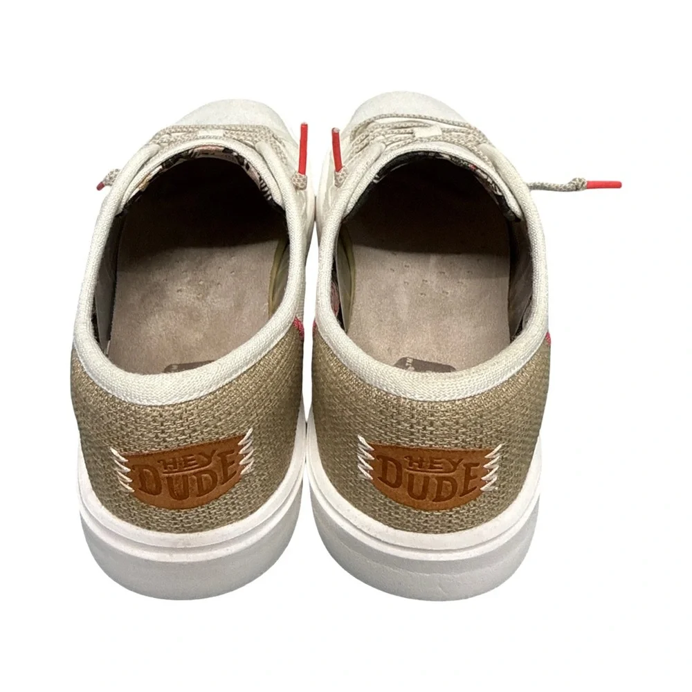 Hey Dude Low-Top Sneakers in Off-White with Tan & Red Accents
